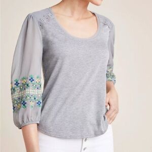 Anthropologie Tiny Julia Blouse Top Embroidered Sheer Sleeves Gray Size Medium